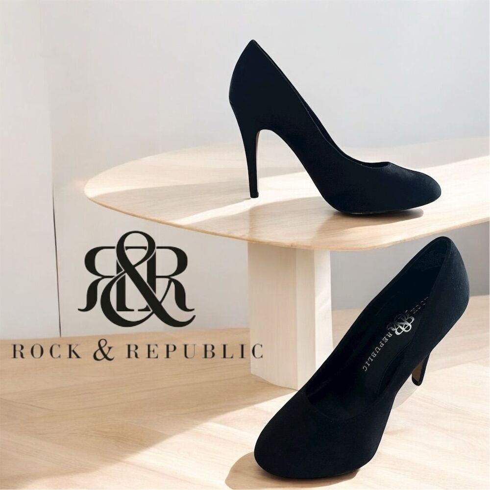 Rock & Republic Women's Black Faux Suede Gwen Stiletto Pumps Almond Toe Heel